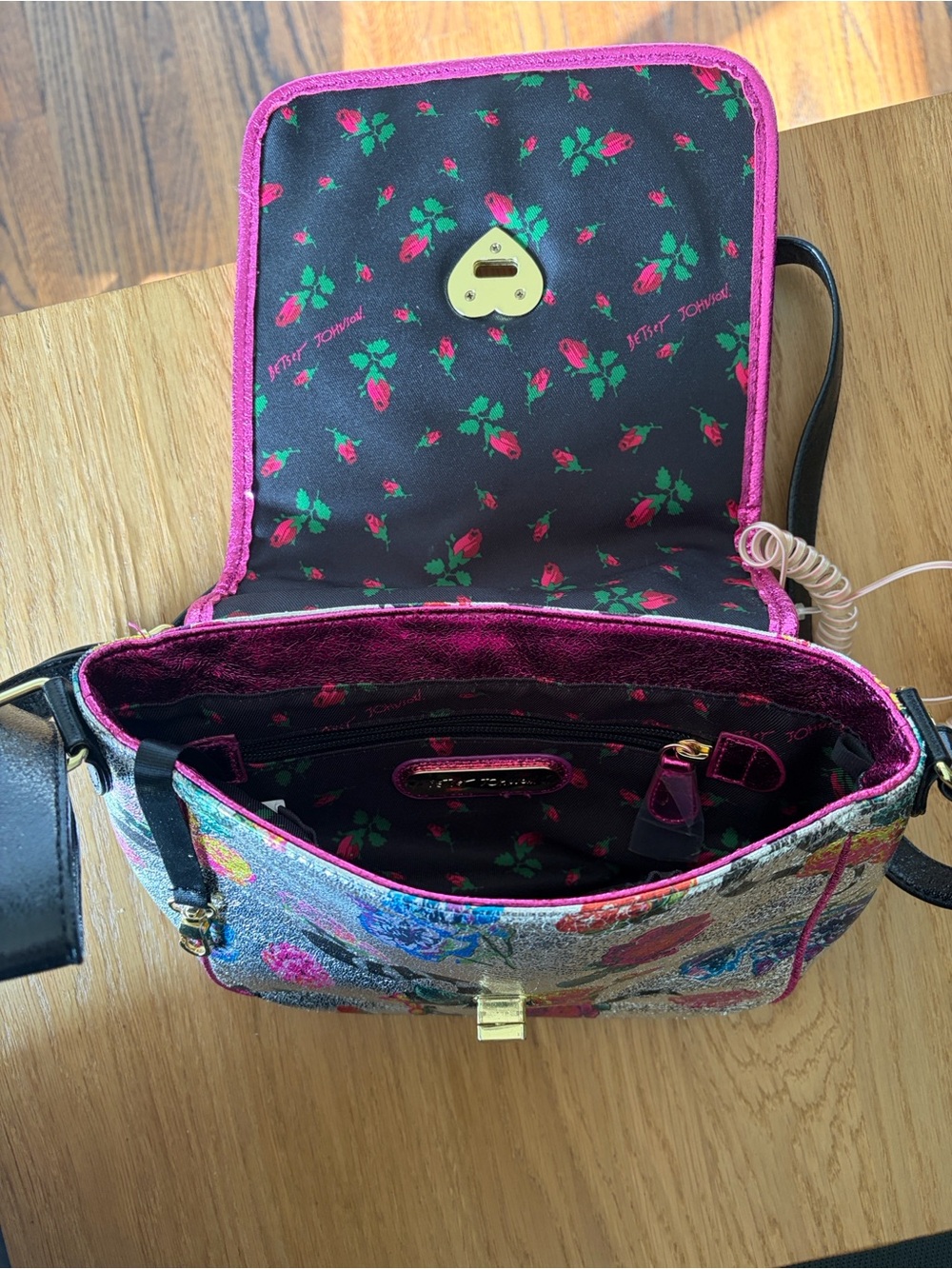 Betsey Johnson Silver Floral Crossbody with Pink Trim and Clear Handset Accent - Picture 2 of 4